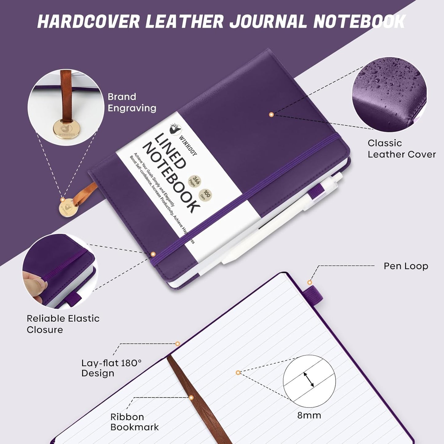 Lined Journal Notebook, 366 Pages, 100Gsm Leather Hardcover Journals for Writing Thick A5 College Ruled Classic Notebook with Pen Loop, Daily Journal for Women Men Travel Business Work Officee