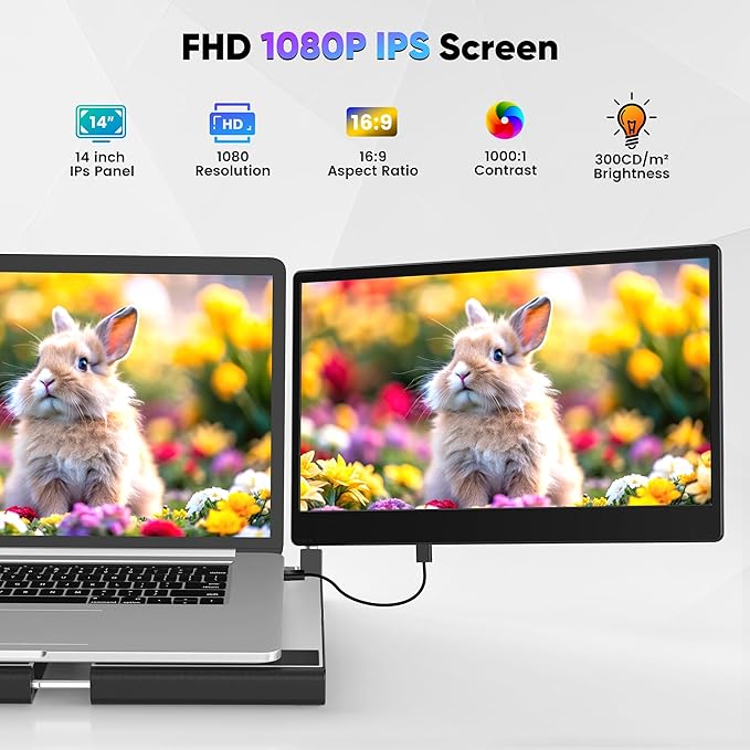 Laptop Screen Extender Portable Monitor, 14.2" 1080P FHD IPS Screen, Monitor Extender for Laptop, Fit for 13-17" Laptops, Plug & Play Compatiable with Wins/Mac/Android/Switch (Detachable 14")