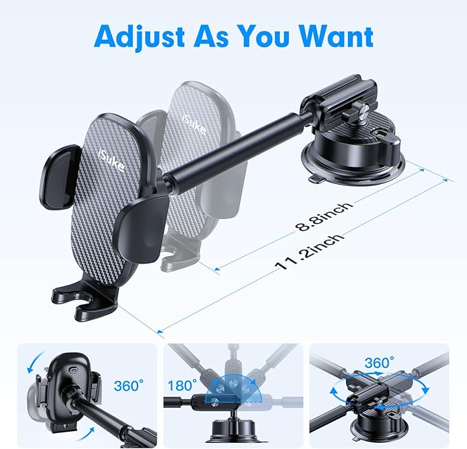 isuke Phone Holder for Your Car, [80+LBS Strongest Suction & Ultra-Durable] Aluminum Alloy Phone Holder for Car Dashboard Windshield, Car Phone Mount for iPhone Samsung & All 4-7 inches Smartphones
