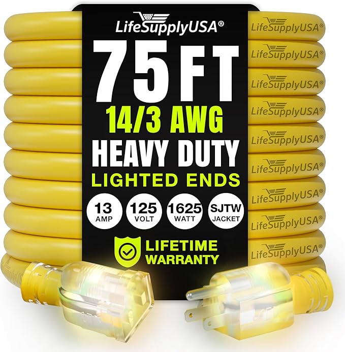 75ft Outdoor/Indoor Extension Cord 14/3 Gauge Heavy Duty 3 Prong SJTW, Waterproof, Flexible Cold-Resistant Long Power Cord,13A 125V 1625W, Yellow by LifeSupplyUSA