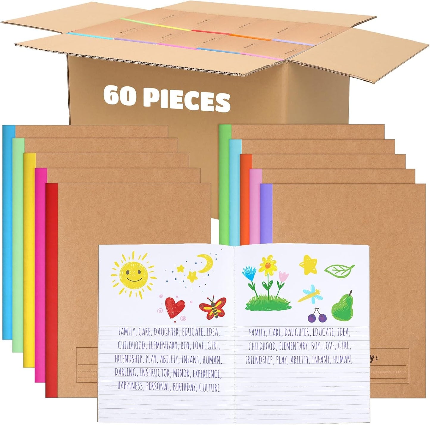 Henoyso 60 Pcs Primary Composition Notebook 9 3/4 x 7 1/2 Inch Kids Journal, Back to School Supplies, K-2 Primary Writing Notebook for Kids Student Draw and Write Story Journal (Stylish Color)
