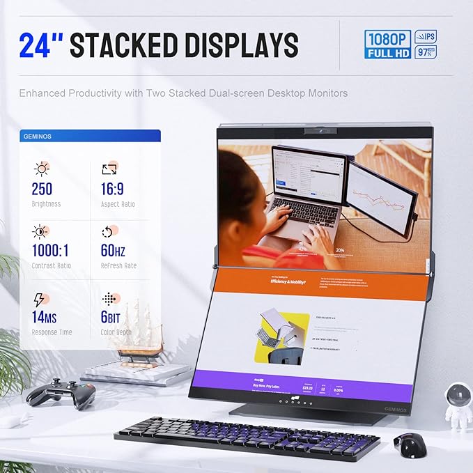 Mobile Pixels Geminos Dual 24" FHD Stacked Desktop Monitors with 1080P Webcam&Speakers, 100W USB-C Charging, All-inclusive HDMI/USB A/USB C Infinitely Adjustable Computer Monitor (2 Monitors)