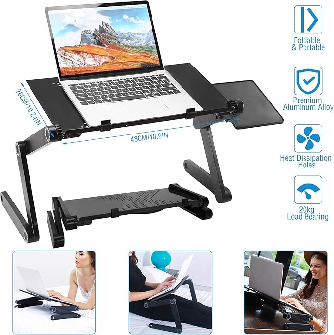 Adjustable Laptop Table Foldable Notebook Desk Laptop Riser Stand Aluminum Alloy Holder with Mouse Board Breakfast Snacking Tray for Home Office Travel