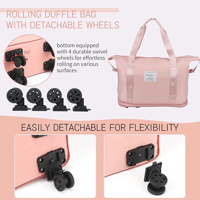 VOOWO Rolling Duffle Bag with Wheels, Expandable Foldable Duffle Bag for Travel, Rolling Under Seat Luggage Carry on Duffel Bags, Wheeled Travel Duffel Large Overnight Weekend Bags (Pink)