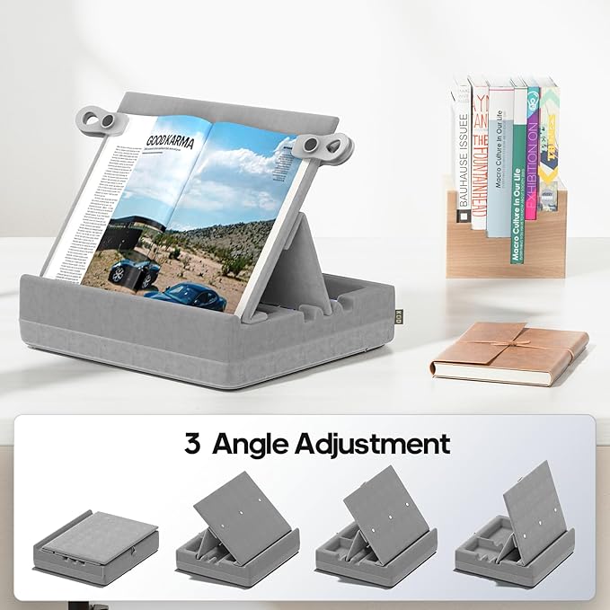 KDD Book Stand with Storage, Multi-Angle Viewing Reading Tablet Holder for Lap, Bed, Desk and Couch, Foldable I-pad Pillow Holder with Organizer Tray for Book,Tablet, Cell Phone, E-Reader (4.7"-15")