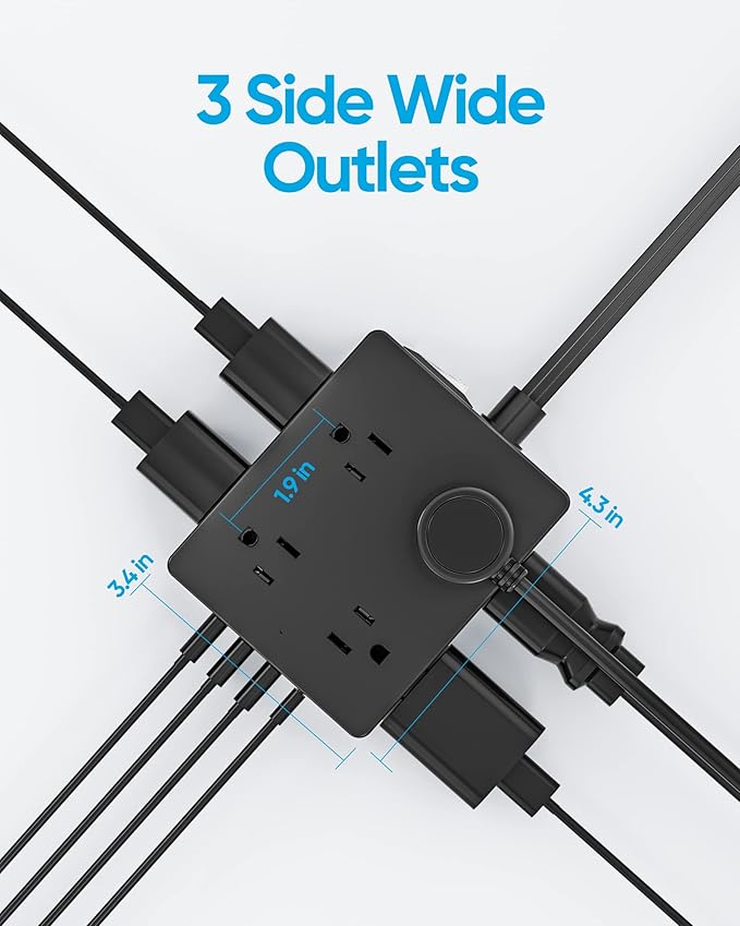 Surge Protector Power Strip 10 ft Cord, Olcorife Ultra Thin Flat Plug Extension Cord, 8 Outlets 4 USB Ports(1 USB C), Flat Wall Plug Outlet Extender, College Dorm Room Essentials, Black