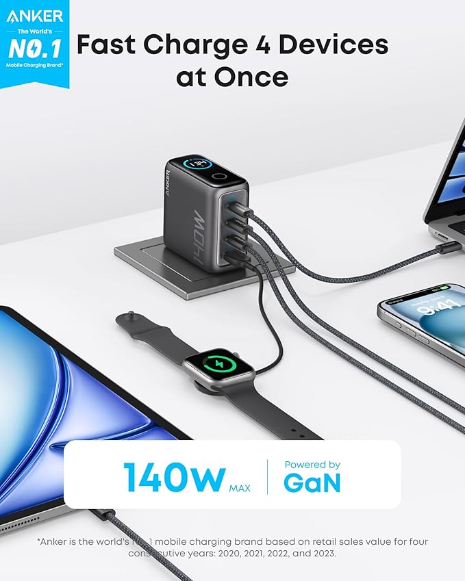 Anker Laptop Charger, 140W MAX USB C Charger, 4-Port Multi-Device Fast Charging, Advanced GaN Power Adapter, Intuitive Touch Controls, for MacBook, iPhone 17/16 Series, Samsung Galaxy, Pixel, and More