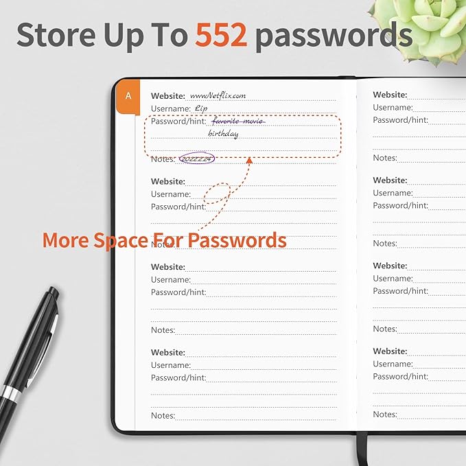 Password Book with Alphabetical Tabs, Password Keeper Book for Seniors, Hardcover Password Notebook for Individual & Colorful Tabs, Password Organizer for Website Logins, 5.3" x 7.7", Black