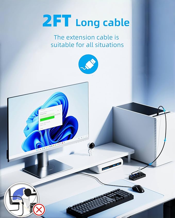 Qeefun 4-Port USB 3.0 Hub, Individual LED Power Switches, 5Gbps Data Transfer USB Splitter with 2ft Extension Cable, Multiple USB Extender for Laptop, PC, iMac, USB Flash Drives and More