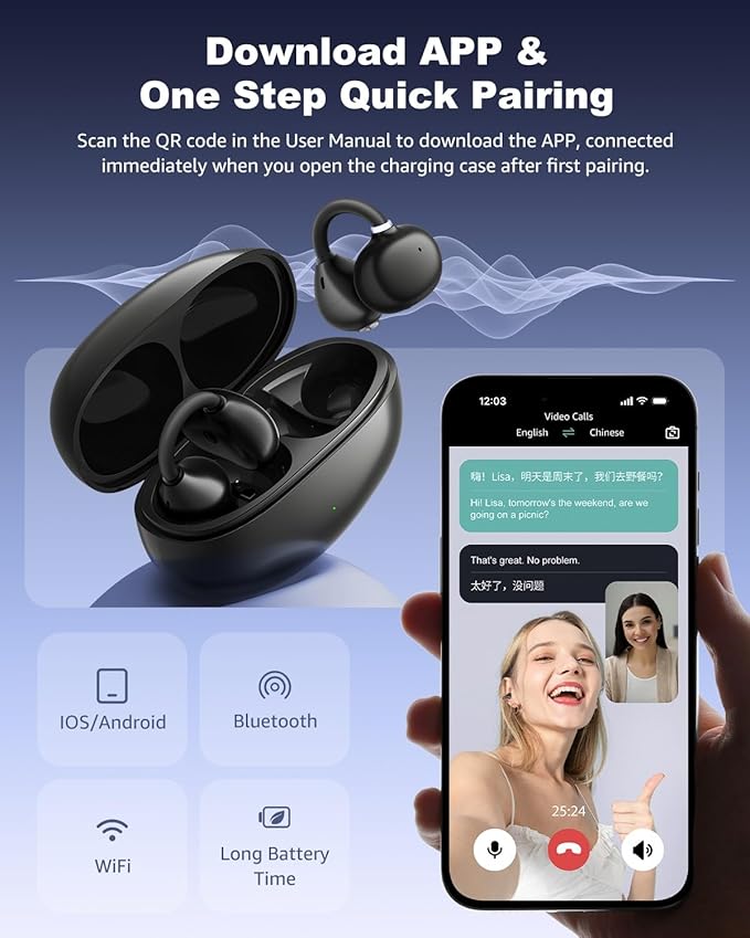 Open Ear Earbuds - Comfort Clip-On Earbuds, Lightweight Open Ear Headphones with 163 Languages AI Translation and Anti-Drop Design, 48H Play Bluetooth 5.4 Fit Sports Travel