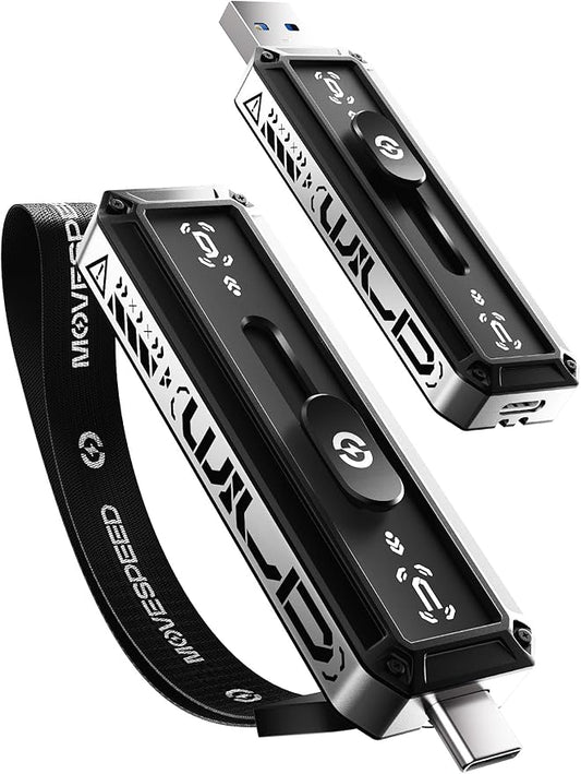 MOVE SPEED 256GB External SSD 520MB/s Read Speed, USB 3.2+USB C Dual Ports External Drive, Portable SSD 3-Stage Push-Pull Design for iPhone 15/16/17 Series/Mac/Android Phone etc