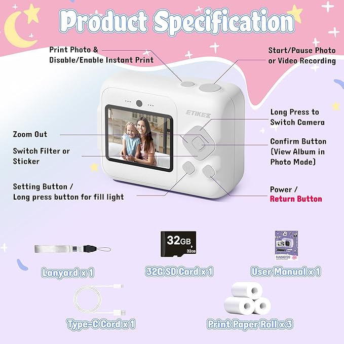 Kids Camera, 1080P Instant Digital Print Camera for Kids, Christmas Birthday Gifts for 4 5 6 7 8 9 10 Year Old Girls Boys, Portable Toy with 32GB SD Card & 3 Rolls Printing Paper, 1 Count, White