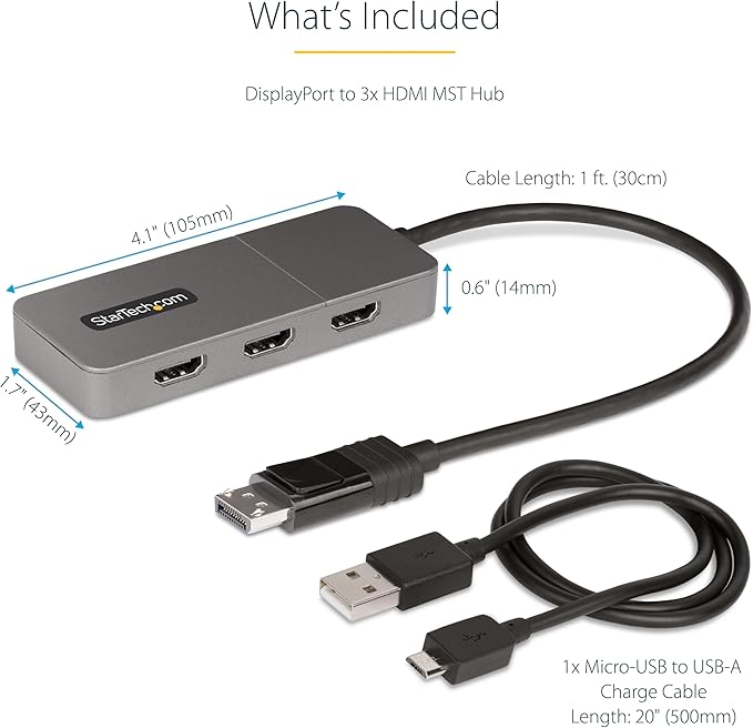 StarTech.com 3-Port MST Hub - DisplayPort to 3X HDMI, Triple 4K 60Hz Monitors, DP 1.4 Multi-Monitor Video Adapter, 1ft (30cm) Built-in Cable, USB Powered, Windows Only (MST14DP123HD)