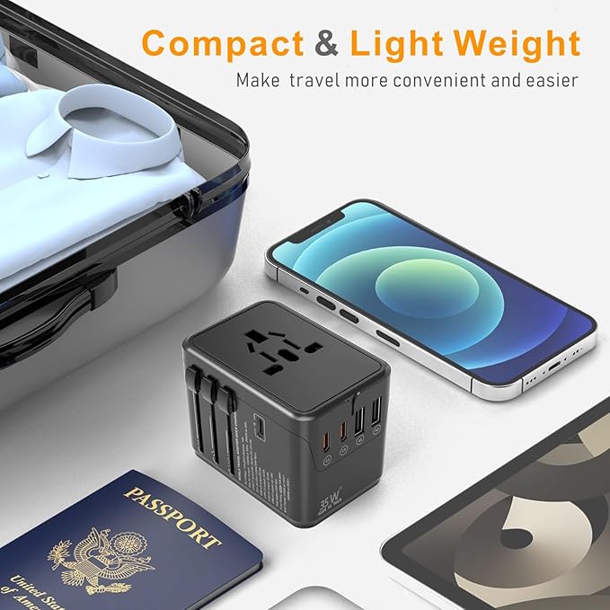 Universal Travel Adapter Worldwide- 35W GaN III/PD Fast Charge European Travel Plug Adapter with 3 USB-C& 2 USB-A Ports, International Power Adapter for US to Europe UK AUS Japan(Type C/G/A/I) (black)
