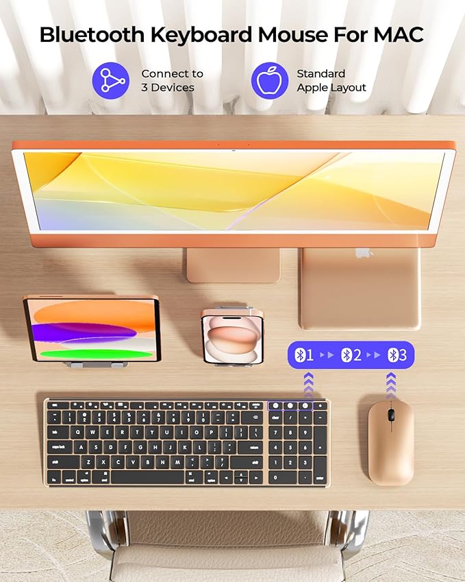 seenda Bluetooth Keyboard and Mouse for Mac, SKM64-2 Multi-Device Rechargeable Slim Wireless Keyboard Mouse Stainless Steel Full Size, Compatible with MacBook Pro/Air, iPad, Mac - Black Gold