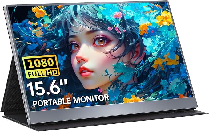 Portable Monitor 15.6 Inch 1080P FHD HDR IPS Travel Screen HDMI USB-C Portable Monitor for Laptop MacBook PC Surface Xbox PS4/5 with Cover, VESA Compatible