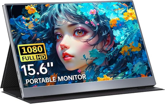 Portable Monitor 15.6 Inch 1080P FHD HDR IPS Travel Screen HDMI USB-C Portable Monitor for Laptop MacBook PC Surface Xbox PS4/5 with Cover, VESA Compatible