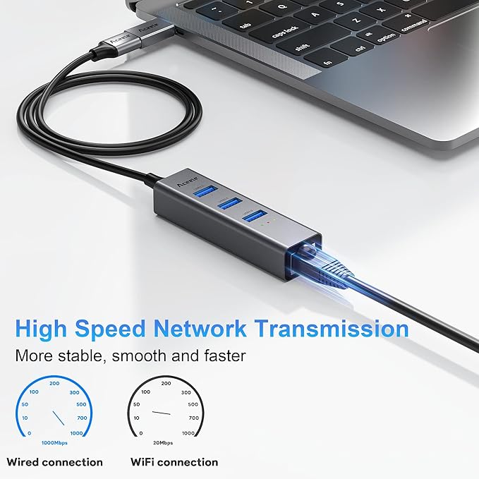 Aceele USB C to Ethernet Adapter, 3.3ft Long Cable, Aluminum USB-C Hub with 4 USB 3.0 Ports, Thunderbolt 3/USB-C to RJ45 Gigabit Ethernet LAN Network Adapter Multiport for MacBook Pro/Air, iPad Pro