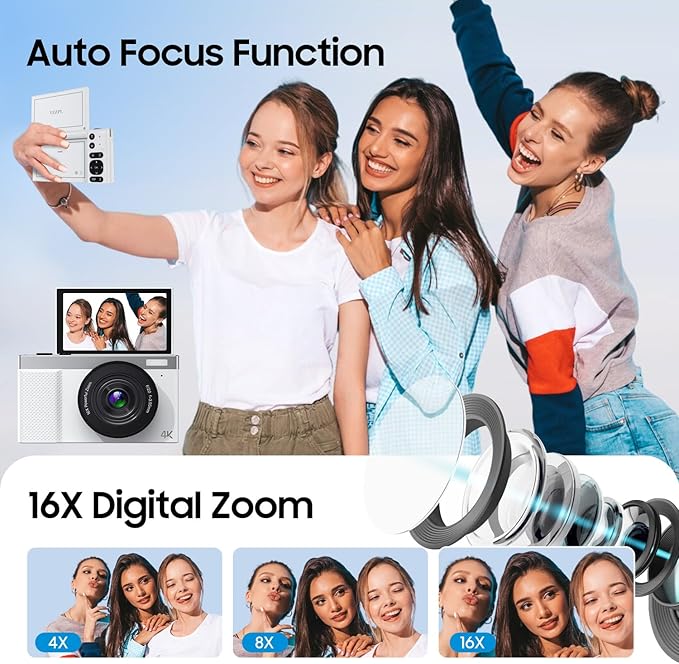 4K Digital Camera, 64MP Vlogging Camera for Photography with 3" 180° Flip Screen, 16X Compact Digital Camera with 64GB Micro SD Card for Beginner (White)