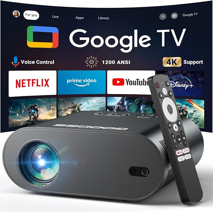 [Google TV/Voice Control]GooDee 4K UHD Smart Projector with WiFi and Bluetooth, Portable Movie Projector with Netflix / Prime Video / YouTube Built-in, Dolby Sound Home Theater for Indoor/Outdoor