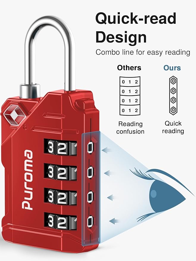 Puroma TSA Approved Luggage Locks, 2 Pack 4 Digit Resettable Travel Combination Code Lock with Zinc Alloy Body for Suitcase, Backpack, Laptop Bag, Gym Locker, Toolbox (Red)