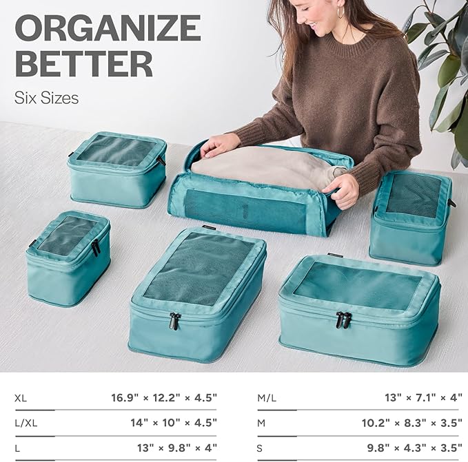 Compression Packing Cubes for Travel - Luggage Organizer Bags - Double Zipper Packing Cubes for Suitcases (6-Pack, Teal)