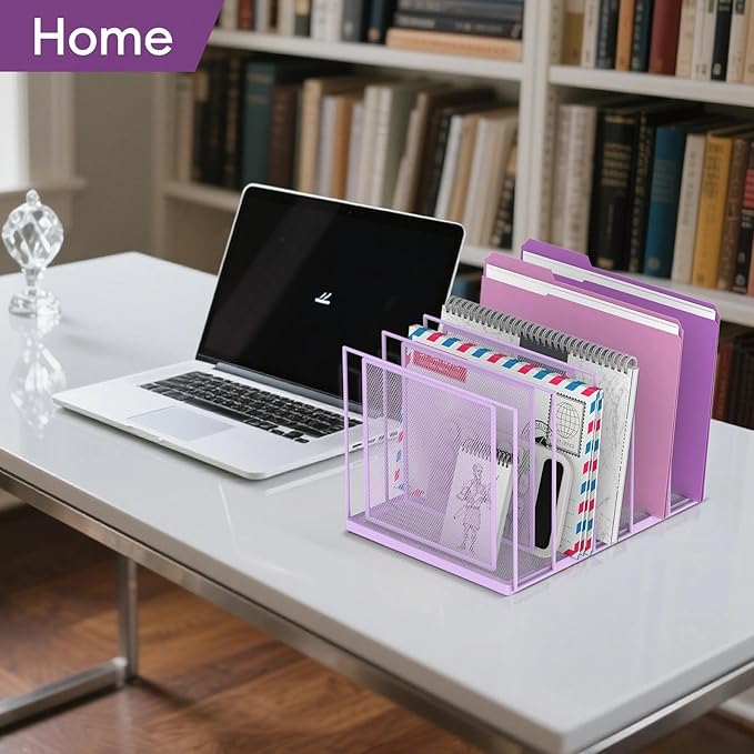 File Organizer for Desk, 5-Section Vertical File Sorter, Paper Holder Organizer Standing Metal File Folder for Office Home Classroom, Purple