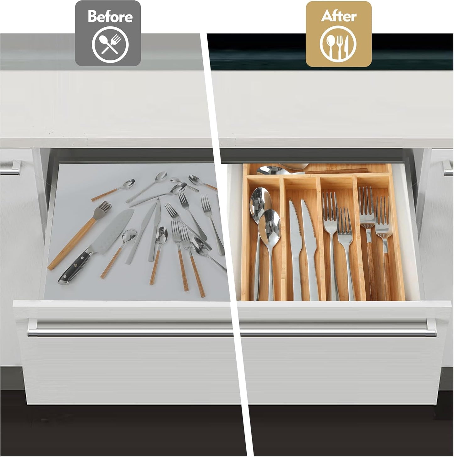 Bamboo Kitchen Drawer Organizer, 8.25 Inch Silverware Utensil Holder for Samll Drawer, Silverware Organizer for Cutlery Knives