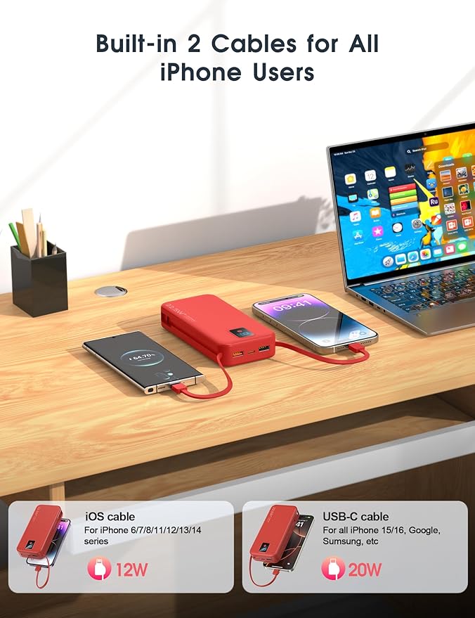 Portable Charger, 20000mAh 22.5W Fast Charging Power Bank with Built-in Cables & Wall Plug, Travel Essential Battery Pack with LED Display, USB C Battery Phone Charger for iPhone, iPad, Samsung Red