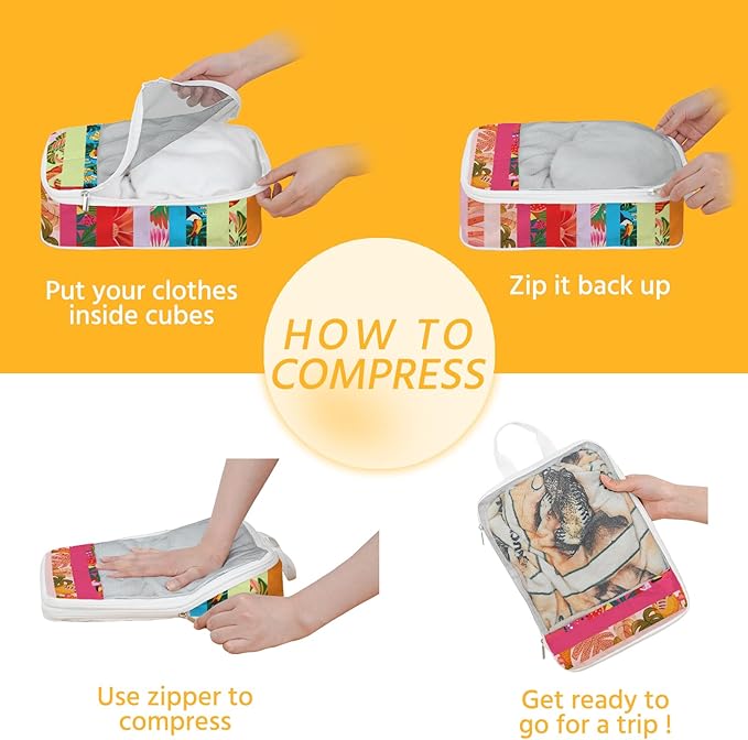 7 Pcs Compression Packing Cubes for Travel, Waterproof Suitcase Luggage Backpack Organizer with Toiletry Bag Travel Essentials for Women/Men-Tropical Pattern