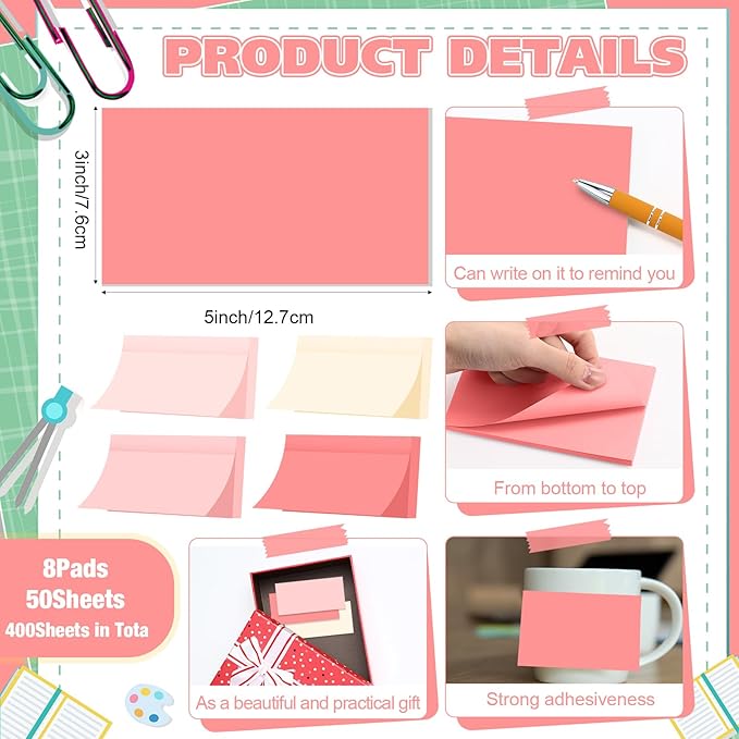 Fainne 8 Pack Sticky Notes Bulk Back to School Supplies Self Stick Note Pads Paper Memo for Office First Day of School Student Teacher Essentials (3x5inch,Light Color)