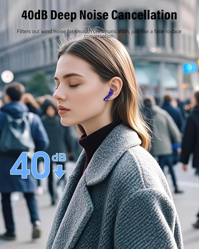 Wireless Earbuds, Bluetooth 5.4 Headphones Bass Stereo, Ear Buds with Noise Cancelling Mic, LED Display in Ear Earphones Clear Calls, IP7 Waterproof Bluetooth Earbuds for Laptop/Phones, Dark Blue