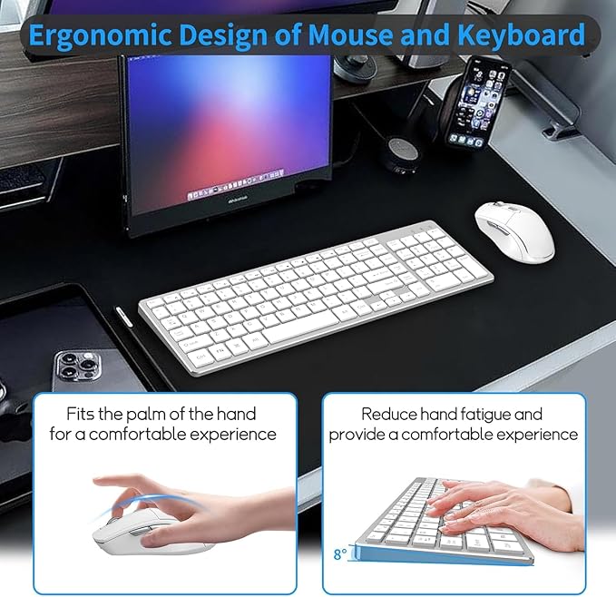 Wireless Keyboard Mouse Combo - Rechargeable, Quiet, Compact Design with Number Pad, 2.4 GHz USB Receiver, Slim Keyboard and Ergonomic Mice Set for Windows Computer Desktop PC Laptop -Silver White