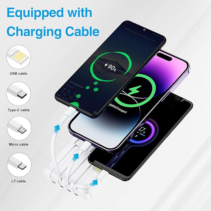 Portable Charger with Built-in Cable,12000mAh 22.5W Fast Charging Small Power Bank,USB C Input/Output with Smart LED Display,External Battery Pack for iPhone,Tablet,Samsung