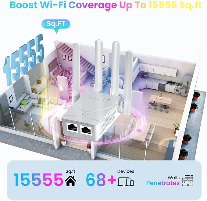 2026 WiFi Extender Signal Booster for Home, 15555 Sq.ft Long Range Internet Repeater-95% Faster,Strongest Wireless Router Amplifier w/Ethernet Port,Mesh Wi-Fi Repeater Support 99% Devices,1-Tap Setup