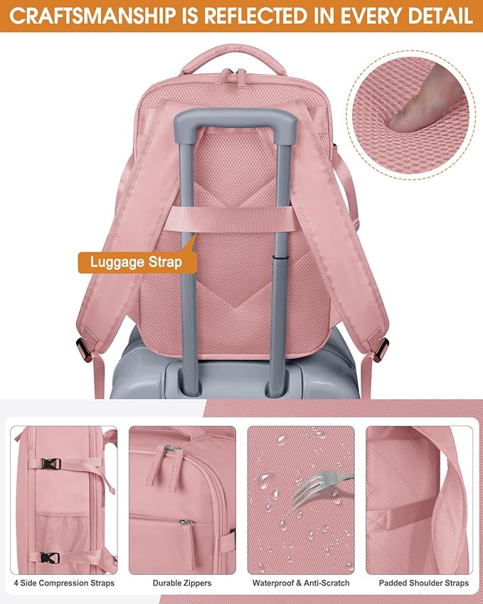 Capolo Travel Backpack for Women Men Waterproof Laptop Backpack Airlines Approved Carry On Backpack Bag Computer Bookbag for Business, Work, Traveling Fits 17 Inch Laptop(Pink)