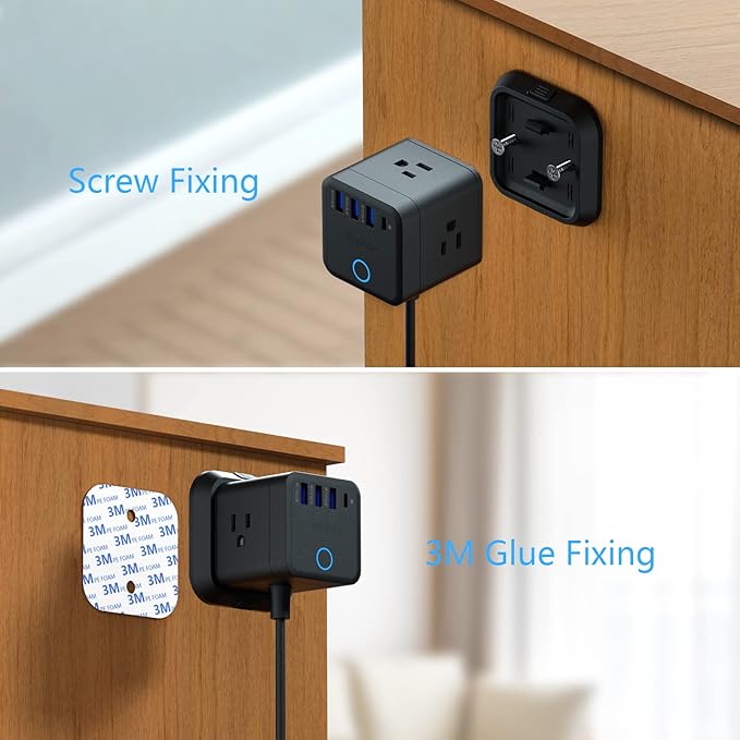 BESTEK Power Strip with USB, Vertical Cube Mountable Power Outlet Extender with 3 Outlets, 3 USB & 1 Type-C PD20W Ports, 5-Foot Extension Cord and Detachable Base for Easy Mounting (Black)