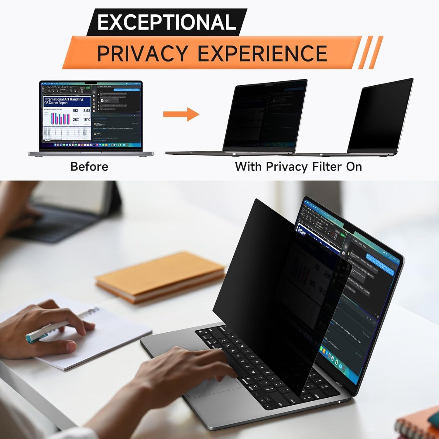 Privacy Screen for MacBook Pro 14 Inch (2021-2024, M1, M2, M3, M4, Pro, Max), Anti Glare Blue Light Filter, Nano No Glue Anti Spy Black Protector for Mac Pro 14In Laptop Computer