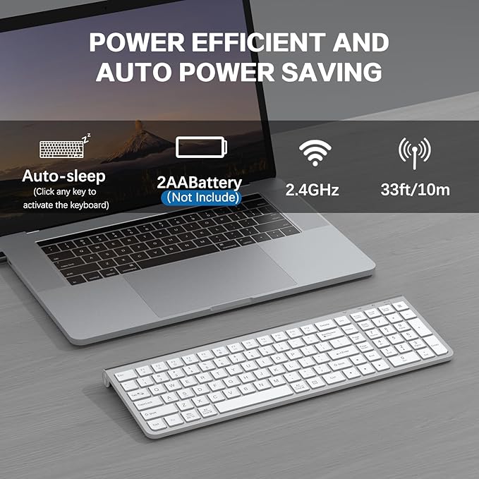 JOYACCESS Wireless Keyboard, Ergonomic,Dustproof,2.4G Slim and Compact Quiet Wireless Keyboard with Number Keypad for Windows, MacBook Pro/Air, Laptop, Desktop, PC-Sliver&White