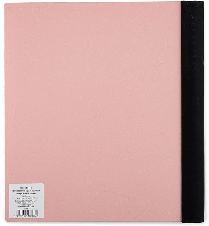 Mintra Office Durable PREMIUM Spiral Notebook (Salmon, 3 Subject (8.5in x 11in))