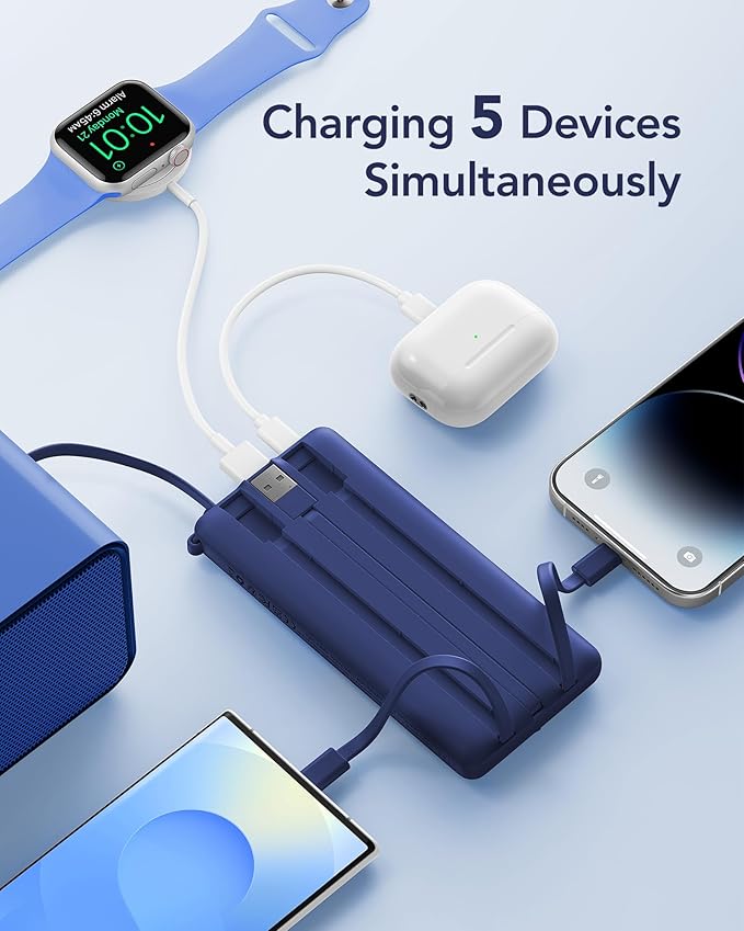 VRURC Portable Charger Power Bank, 10000mAh Travel Essentials, 5 Outputs 2 Inputs Slim Battery Pack Built-in Cables Cords Compatible with iPhone,Samsung,Android-Navy Blue(1 Pack)