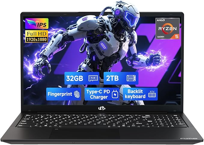 NIMO 15.6" IPS FHD-Gaming-Laptop, AMD Ryzen 5 6600H 6 Cores 32GB DDR5 RAM 2TB SSD (Beat i7-1165G7, Up to 4.5GHz) Radeon 660M GPU-Computer with 100W Type-C Backlit Keyboard Fingerprint Win 11