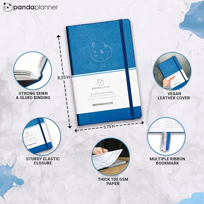 Panda Planner Classic A5 Daily Planner 2026 – Undated Daily & Quarterly Planner with Hourly Schedule, Productivity Calendar, To Do List, Goal Planner, Habit Tracker & Gratitude Journal for Home or Office – Blue