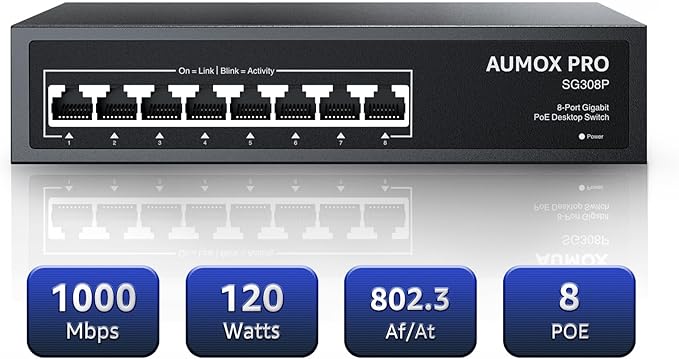 8 Port PoE Switch Gigabit 120W, Gigabit Unmanaged Ethernet Switch, Plug & Play, 802.3af/at Compliant, Metal Housing, 8-Port Network Switch for Home/Office Energy Efficient Silent Operation