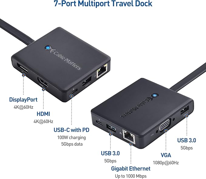Cable Matters 7-in-1 USB C Hub with Triple Display (HDMI, DisplayPort, VGA), 2X USB 3.0, Gigabit Ethernet, 100W Charging - Thunderbolt 4 /USB4 Compatible with MacBook Pro, Dell XPS, Surface Pro