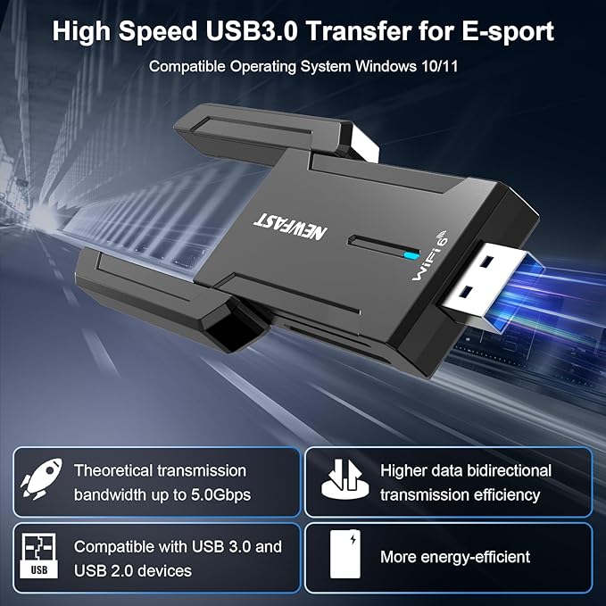 NEWFAST AXE5400 USB WiFi Adapter for Desktop PC NF-U353, Tri-Band Wireless Network Adapter for Laptop, USB 3.0 WiFi Adapter for PC,New 6GHz Band,MU-MIMO,OFDMA,WPA3,WiFi 6E Dongle for Windows 11/10