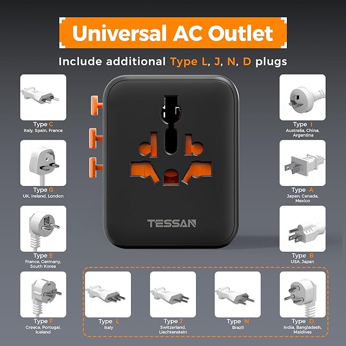 TTESSAN Universal Travel Adapter, International Power Adapter with 4 USB Ports (2 USB C), Travel Plug Adaptor Worldwide for US to Europe UK France Germany Spain Ireland Australia Japan (Type C G A I)