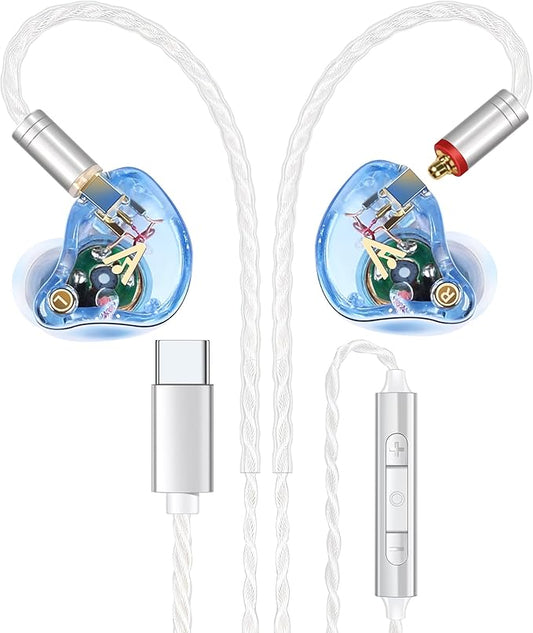 Vibes 202MC USB-C Wired Earbuds - HiFi in Ear Monitor Headphones - Noise Isolating Ear Buds w/ Mic - Clear Sound, Deep Bass & Comfort-Fit Earphones - MMCX to USBC, Silver Plated Cord, Carrying Case