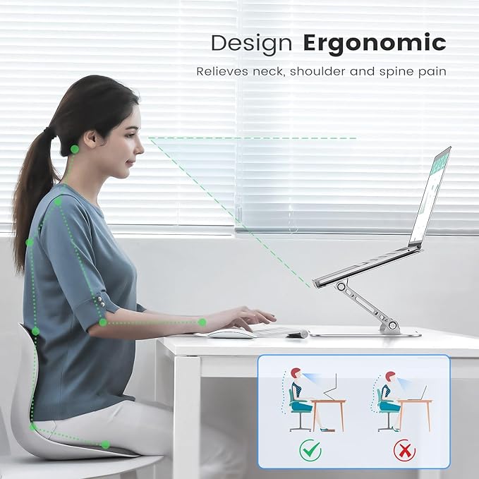 Laptop Stand Adjustable Computer Stand Sturdy Aluminum Laptop Stand for Desk Foldable Laptop Holder Portable Riser for 11–16-inch Laptop Notebook Tablet and More, Silver