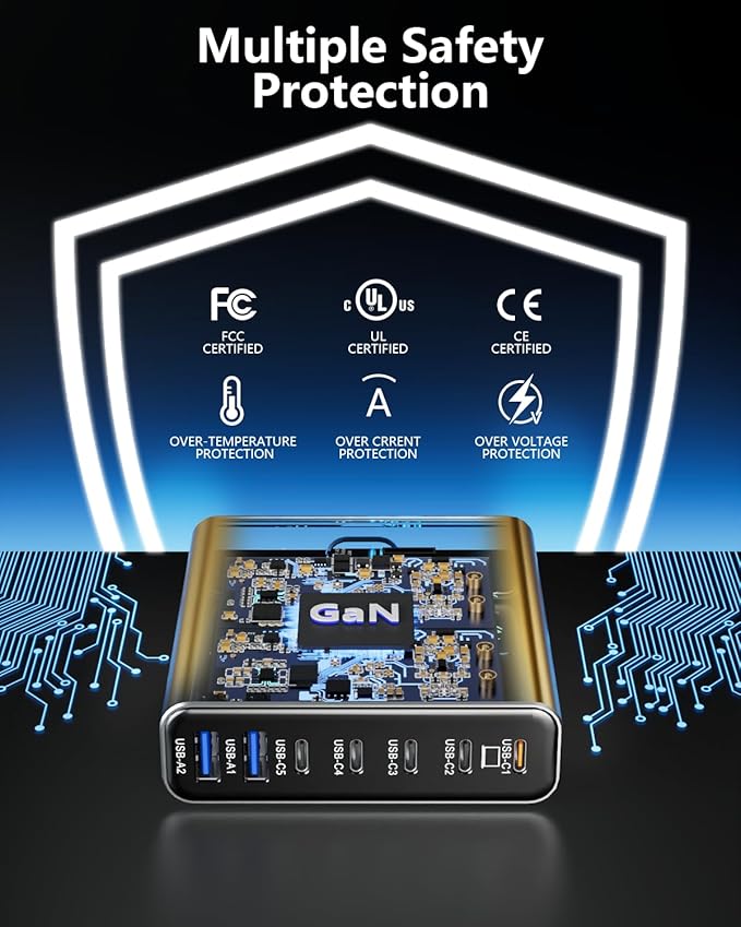Aluminum Alloy USB C Charger 260W GaN Fast USB C Charging Station 7 Ports 65W Laptop Charger for MacBook Pro/Air/iPad Pro/iPhone (Gold)
